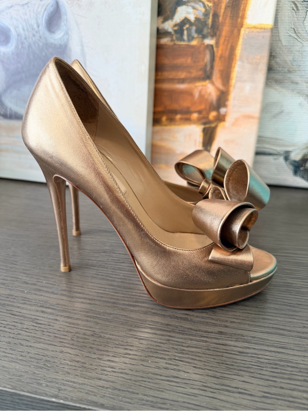 Valentino Metallic Bronze Bow Peep-Toe Platform Heels - Picture 2 of 3
